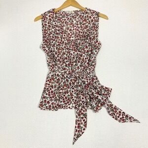 Max Studio Womens Floral Ruffle Wrap Top Red White Sleeveless Tie Waist Medium